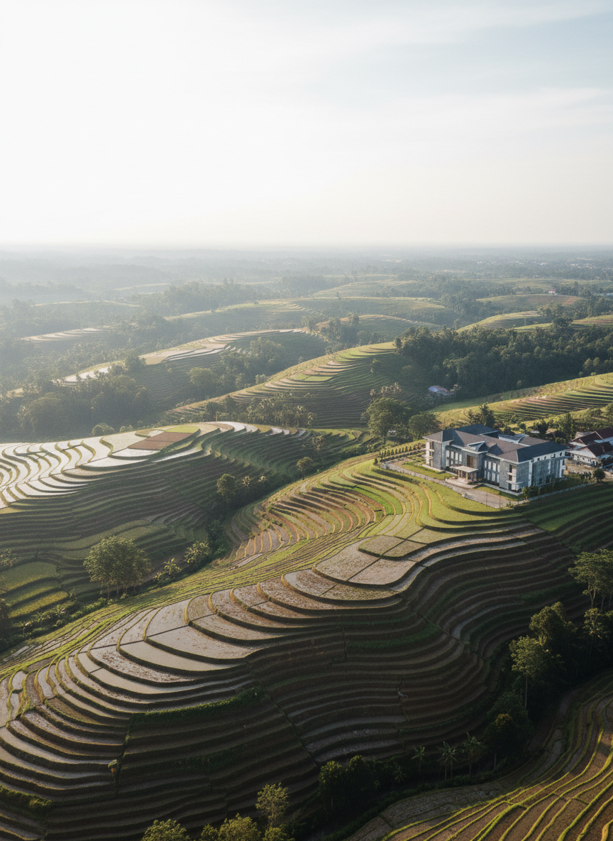 A wide aerial photographic view of a lush Indonesian agricultural landscape, with intricate rice terraces, smallholder plots, and patches of forest forming an organic mosaic. In the middle distance, a modern but modest government-style building with clean lines and neutral tones sits at the edge of the fields, symbolizing agrarian law and institutions. Soft late-afternoon sunlight casts long, gentle shadows across the terraces, emphasizing their contours and textures. The sky is bright but slightly hazy, creating a calm and serious mood. Shot with sharp focus and high detail, using a balanced composition where the land dominates the frame and the building anchors one side. The style is realistic, professional, and educational, ideal as a hero image for an agrarian law institute.